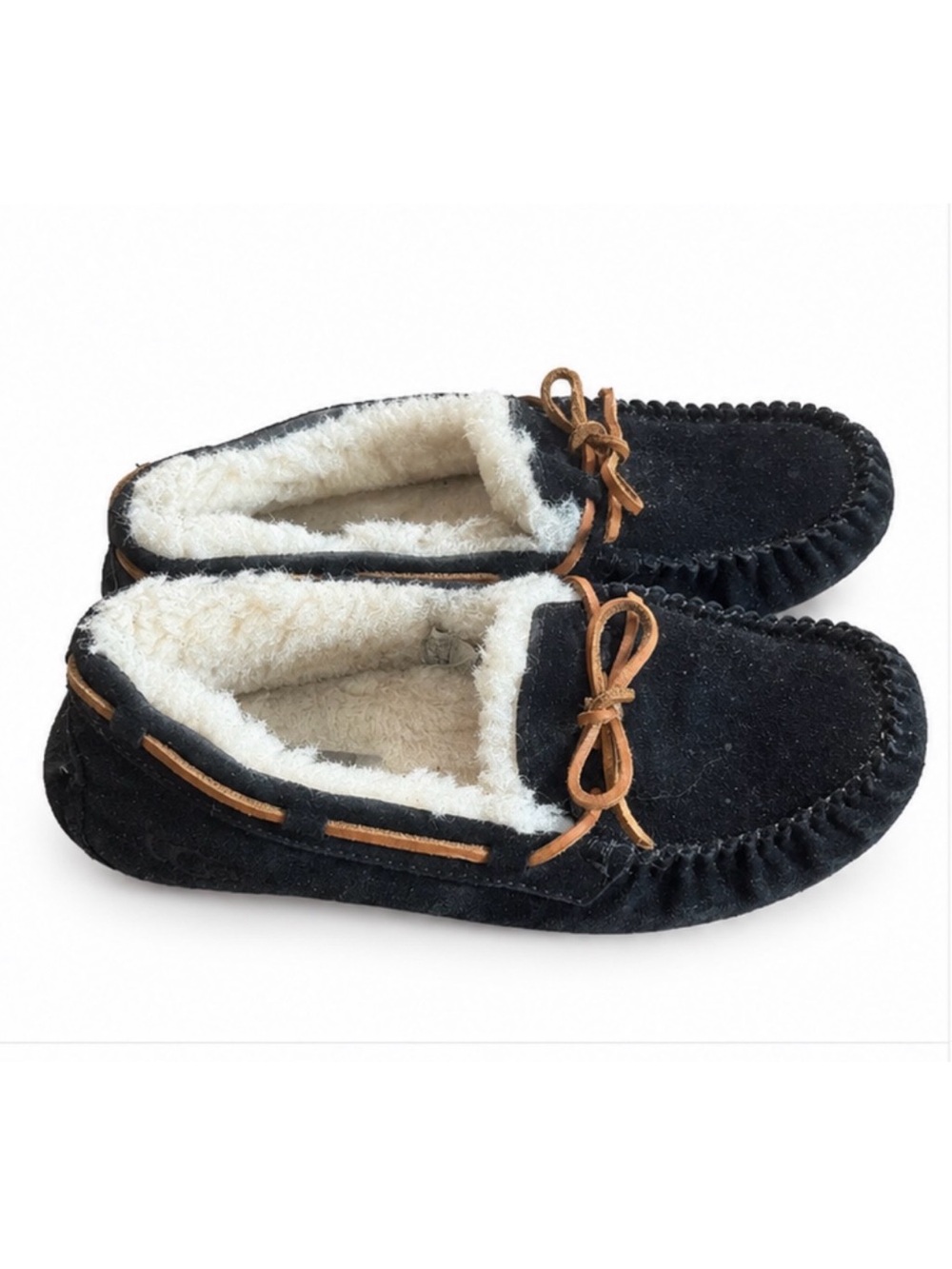 UGG Black Suede Moccasin Slippers – Cream Faux Fur Lining & Tan Leather Bows